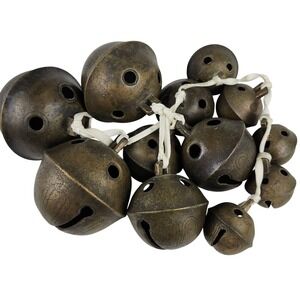 Antique Brass Sleigh Crotal Bells Bronze Engraved Petal Set of 12 Heavy Cast